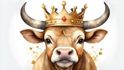 Watercolor Illustration of a Cow Wearing a Crown,