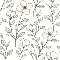 Delicate, repeating pattern of blossoms and foliage in grey and white.