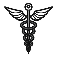 A simple black and gray caduceus symbol with wings is displayed on white
