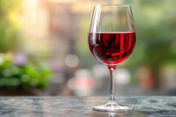 Glass of red wine on a table.