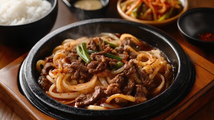 Spicy Beef and Noodle Stir-Fry in a Hot Pan