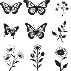 Black and White Butterfly and Floral Vector Art: Botanical Illustration Set with Butterflies, Flowers, and Branch Silhouettes for Design Elements