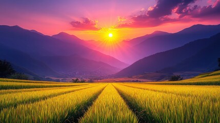 Fototapeta premium Golden rice paddies, vibrant sunset, majestic mountains. 