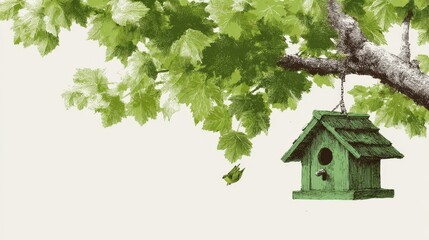 Green Birdhouse Hanging from a Tree with Lush Leaves Background