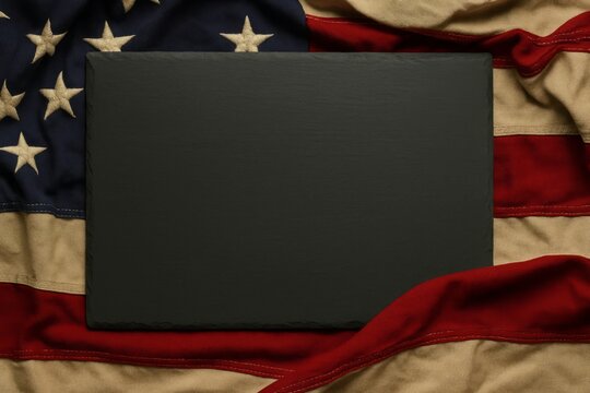 American Flag Background Dark Slate Blackboard Texture Patriotic Memorial Day USA Independence Day Blank Space Text Overlay Design Element Rustic Vintage Grunge Style Image red grey blue stars white  