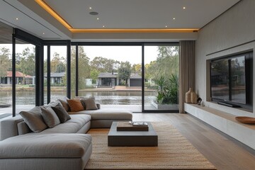 Fototapeta premium Modern living room with expansive water views.