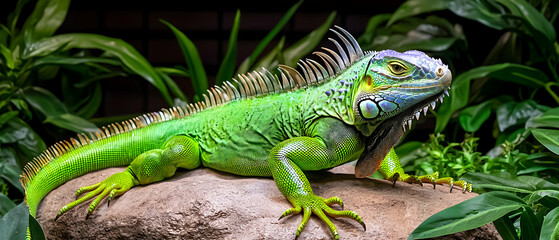 Vibrant Green Iguana on Rock, Lush Background