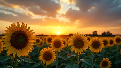 Obraz premium Vibrant sunflower field under a stunning sunset sky, capturing nature’s beauty with golden blooms, dramatic clouds, and tranquil countryside charm.