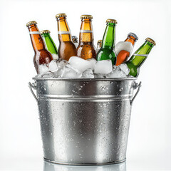 Shiny metal bucket filled with ice and assorted glass bottles, condensation on surface, refreshing and cold, perfect for parties or gatherings, isolated on white background