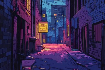 Vibrant city alley with neon lights and atmospheric ambiance in nighttime urban setting, atmosphere in a city alley, seamless ing Photo background, cartoon anime style