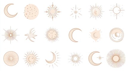 Celestial sun moon boho design elements, background, branding