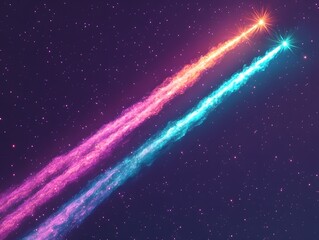 Two vibrant shooting stars streak across a dark night sky leaving glowing trails of pink and blue cosmic dust