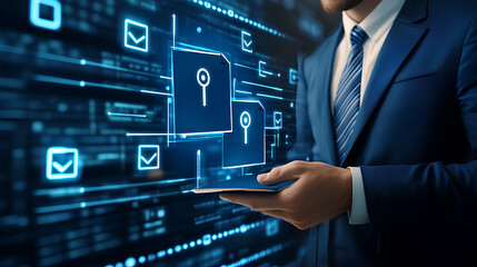 Business compliance of document management. Document or file icons and checkmark. Businessman stored documents on server according to law