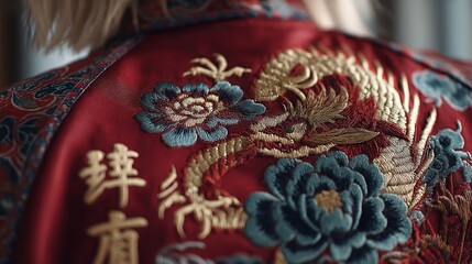 Traditional Embroidery on Red Fabric with Floral and Bird Designs