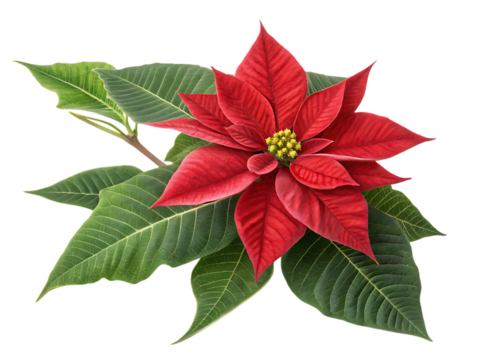 red poinsettia flower with leaves isolated on white background, PNG