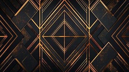Abstract art deco background with golden lines on black, geometric pattern for design and decoration