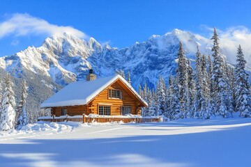 Fototapeta premium Cozy snowy cabin nestled in winter landscape with stunning mountain backdrop in pristine nature, Cozy Snowy Cabin with Stunning Mountain Backdrop in Winter