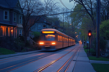 Obraz premium Train moving down city tracks, tall buildings in background, cars stopping for crossing gates, pedestrians on sidewalk, vibrant urban scene captured.