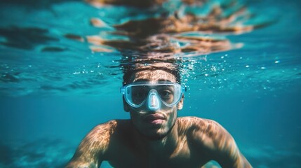 Naklejka premium Underwater view of a snorkeler exploring the depths of the ocean with turquoise water