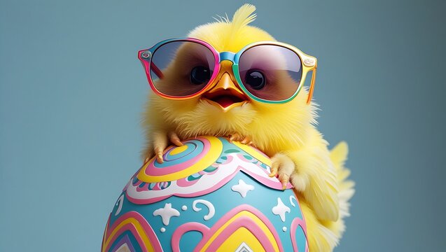 happy easter concept holiday greeting card with text - Cool cute chick with sunglasses and easter egg, isolated on blue background