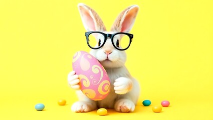 Fototapeta premium happy easter, funny animal, holiday celebration greeting card - Rabbit easter bunny with glasses and easter egg, isolated on yellow background