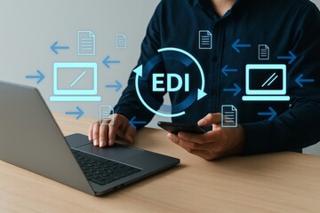 Electronic Data Interchange EDI System Modern Business Technology Secure Data Exchange Digital Workflow Efficient Online Document Management Software Application Process Automation Mobile Phone Laptop