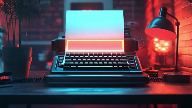 Retro Cyberpunk Desk: Neon Glow, Vintage Typewriter