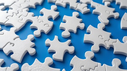 White Puzzle Pieces on Blue Background Teamwork Concept