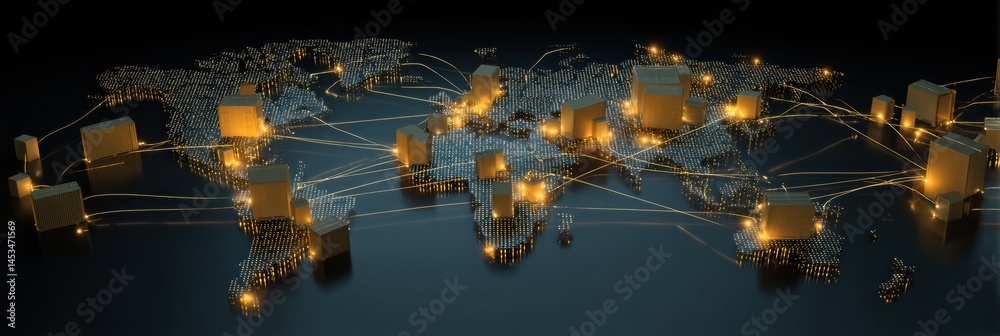 Poster global online shopping network represented with glowing world map and illuminated delivery boxes in 
