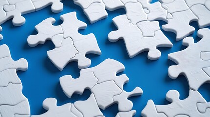 Obraz premium White Jigsaw Puzzle Pieces on Blue Background Teamwork Concept