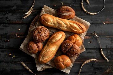 different bread round baguette isolated on black wood background, rustic crusty bun top view,