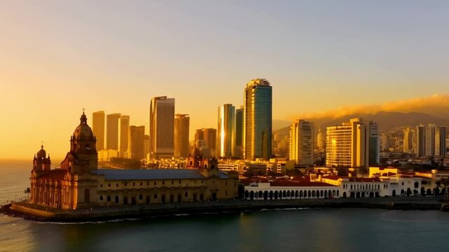 A coastal Lima skyline with Plaza Mayor Cathedral, Torre Tagle Palace, and modern high-rises by the Pacific. Great for Latin American heritage and travel.