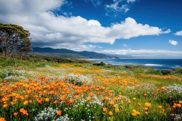 Fototapeta premium Vibrant wildflowers bloom along Tasmanias coastline on a sunny day, Flora of Tasmania Clean nature landscape