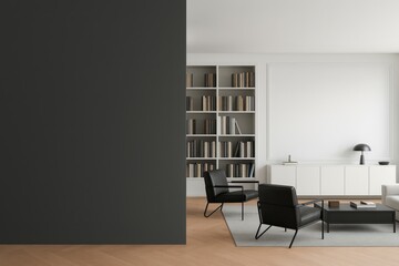 Fototapeta premium Modern Minimalist Living Room Interior Design Black Chairs White Walls Dark Grey Wall Bookshelf Elegant Home Decor Spacious Room Apartment Design Contemporary Style Home Office Setup Neutral Color 