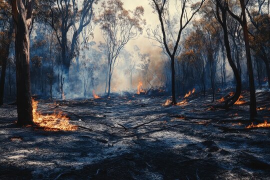 Fototapeta Destruction of Australian bushland after a devastating bushfire in a burnt forest landscape, Bushfire Australia landscape Burnt forest and damaged wild nature