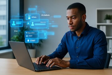 African American Man Using Laptop AI Chatbot Interface Modern Technology Digital Business Professional Online Communication Network Digital Future Innovation Technology Development Software           
