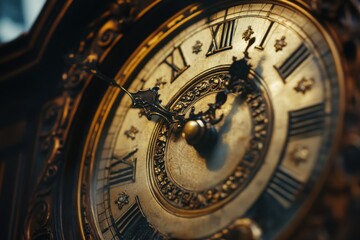 Obraz premium Close up of ornate vintage clock showcasing intricate design and craftsmanship in warm lighting, Close up on vintage clock