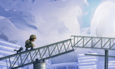 A heartwarming sci-fi illustration series depicting the bond between a young girl and a guardian robot in a post-apocalyptic world. 