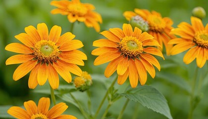 Obraz premium Natural background with bright orange flowers among the foliage 1