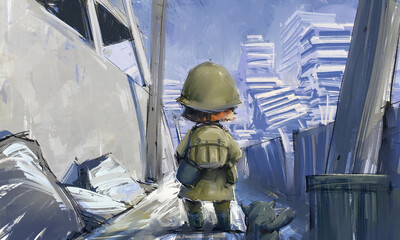 A heartwarming sci-fi illustration series depicting the bond between a young girl and a guardian robot in a post-apocalyptic world. 