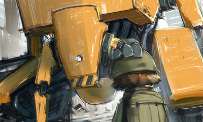 A heartwarming sci-fi illustration series depicting the bond between a young girl and a guardian robot in a post-apocalyptic world. 