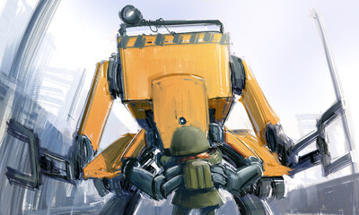 A heartwarming sci-fi illustration series depicting the bond between a young girl and a guardian robot in a post-apocalyptic world. 