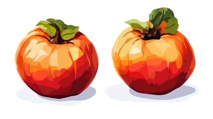 Obraz premium Two vibrant orange-red fruits, possibly apples or quinces, with green leaves. Detailed illustration