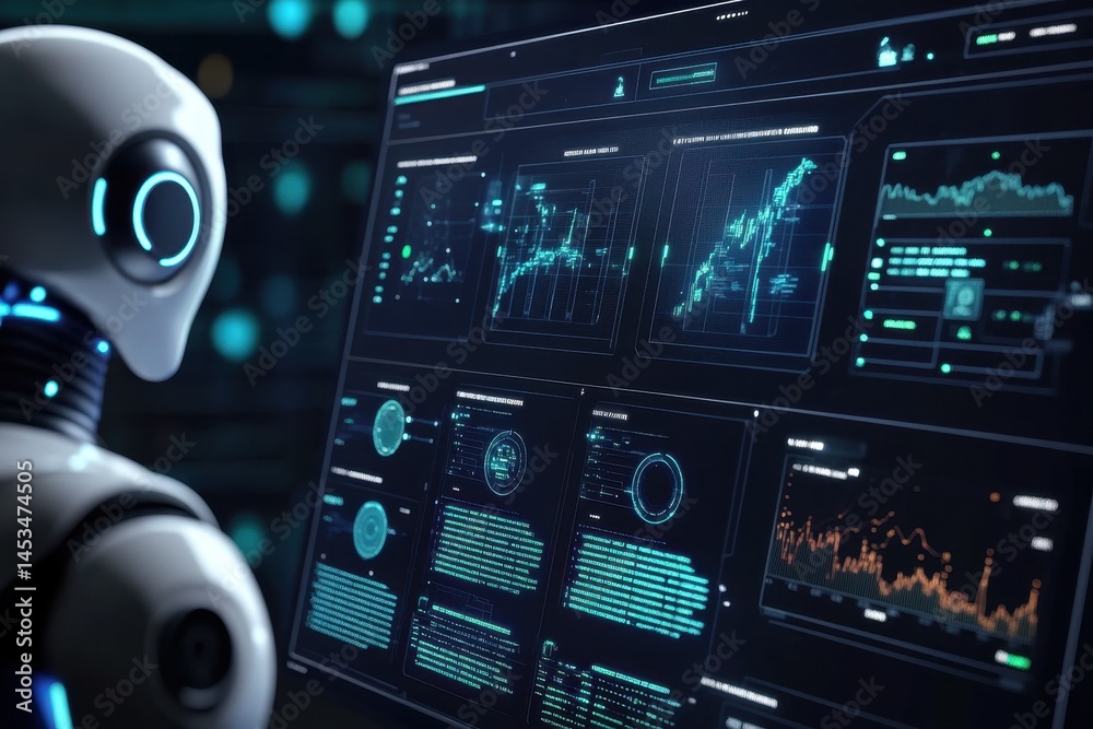 Poster high tech dashboard showcasing ai communication features and analytics in modern interface, ai robot