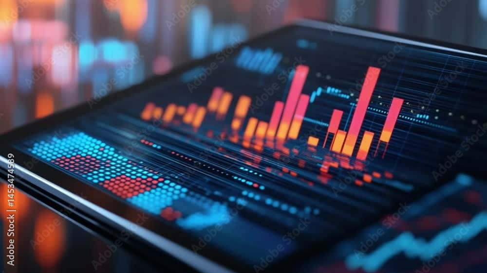 Poster dynamic data visualization: tablet screen with glowing charts