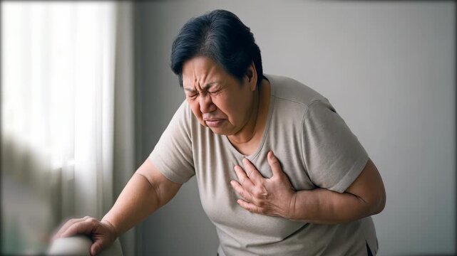 Senior woman experiencing chest pain and discomfort at home