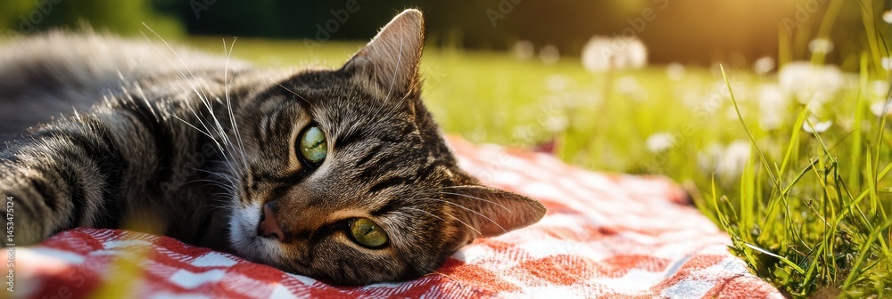 Aufkleber Lazy Cat Relaxing on a Picnic Blanket in a Sunny Meadow Surrounded by Lush Greenery and Wildflowers Generative AI