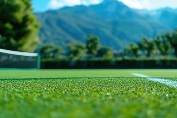 Closeup of vibrant green grass on a tennis court with mountains in the background during a sunny day, Closeup of green grass on a tennis court with a white line and blurred background