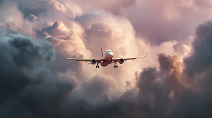 A commercial airplane climbs through the clouds, symbolizing progress and human ambition in aviation.
