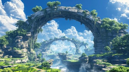 Fototapeta premium Majestic Stone Arches Landscape with Lush Vegetation and Cloudy Sky
